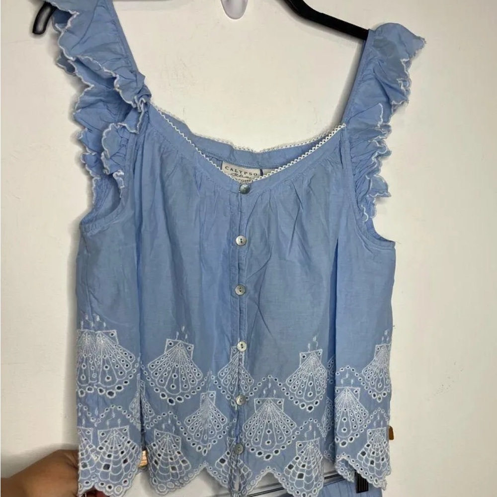 Calypso St. Barth blue seashell eyelet pajama set tank shorts women’s size small